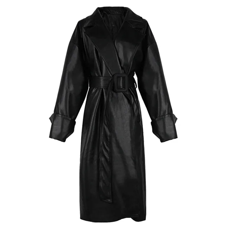 Aiertu Long Oversized Leather Trench Coat for Women Long Sleeve Lapel Loose Fit Fall Stylish Black Women Clothing Streetwear