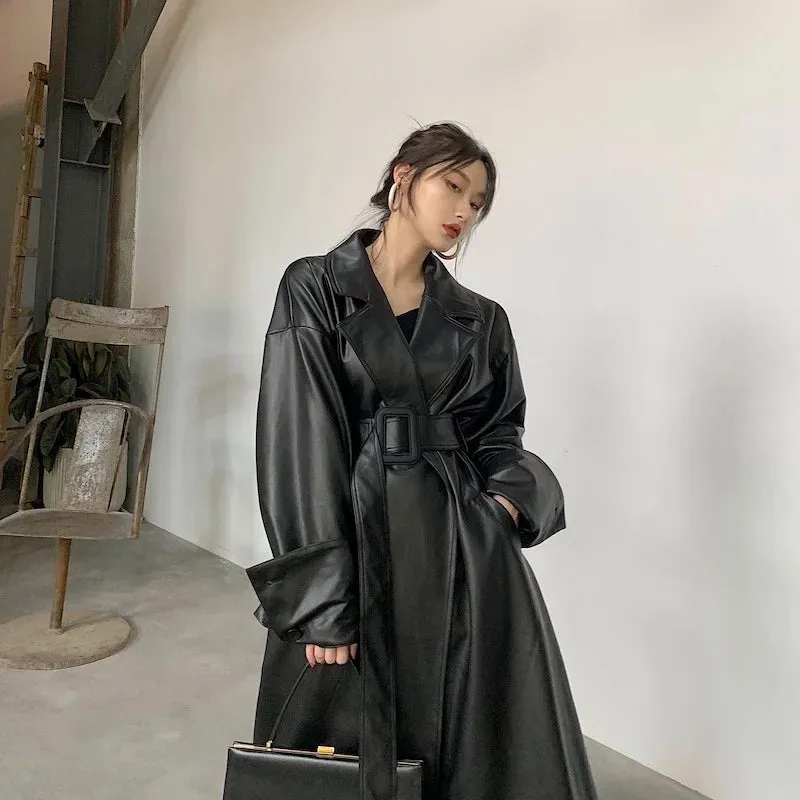 Aiertu Long Oversized Leather Trench Coat for Women Long Sleeve Lapel Loose Fit Fall Stylish Black Women Clothing Streetwear