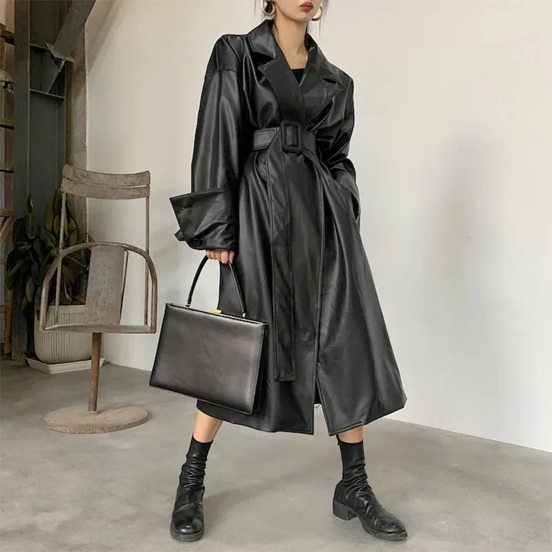 Aiertu Long Oversized Leather Trench Coat for Women Long Sleeve Lapel Loose Fit Fall Stylish Black Women Clothing Streetwear