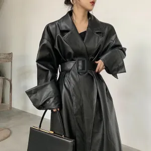 Aiertu Long Oversized Leather Trench Coat for Women Long Sleeve Lapel Loose Fit Fall Stylish Black Women Clothing Streetwear