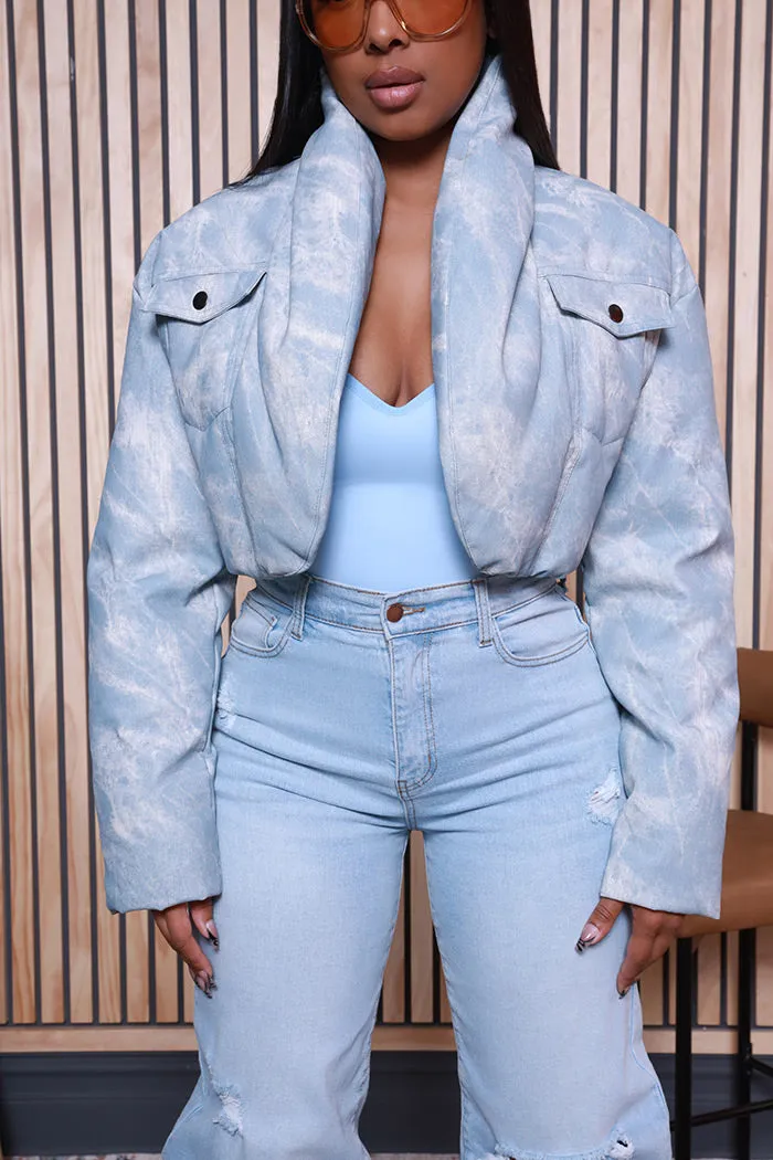 Blue Sky Textured Faux Leather Cropped Jacket - Light Blue