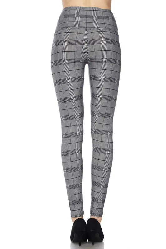 Classic Houndstooth Plaid Print Leggings with 5 Inch Waistband