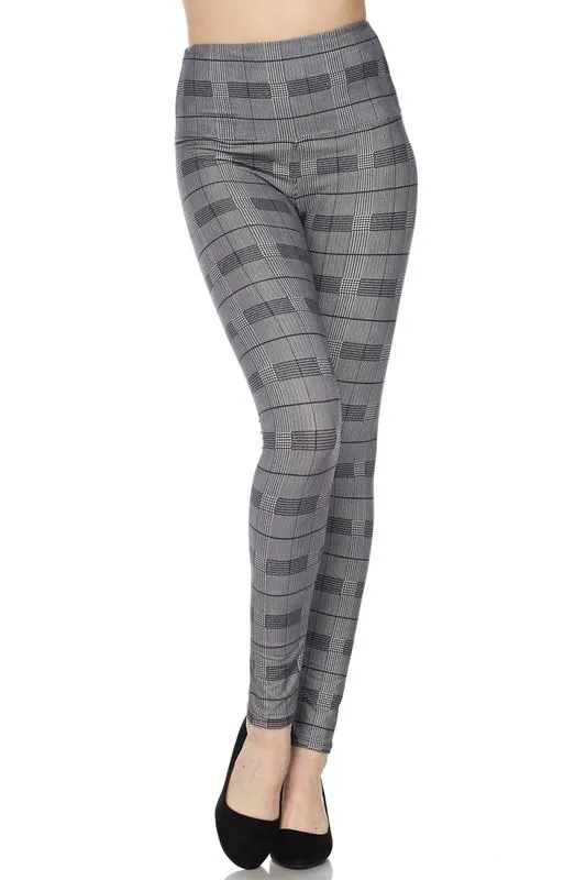 Classic Houndstooth Plaid Print Leggings with 5 Inch Waistband