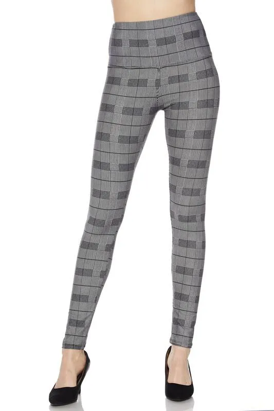 Classic Houndstooth Plaid Print Leggings with 5 Inch Waistband