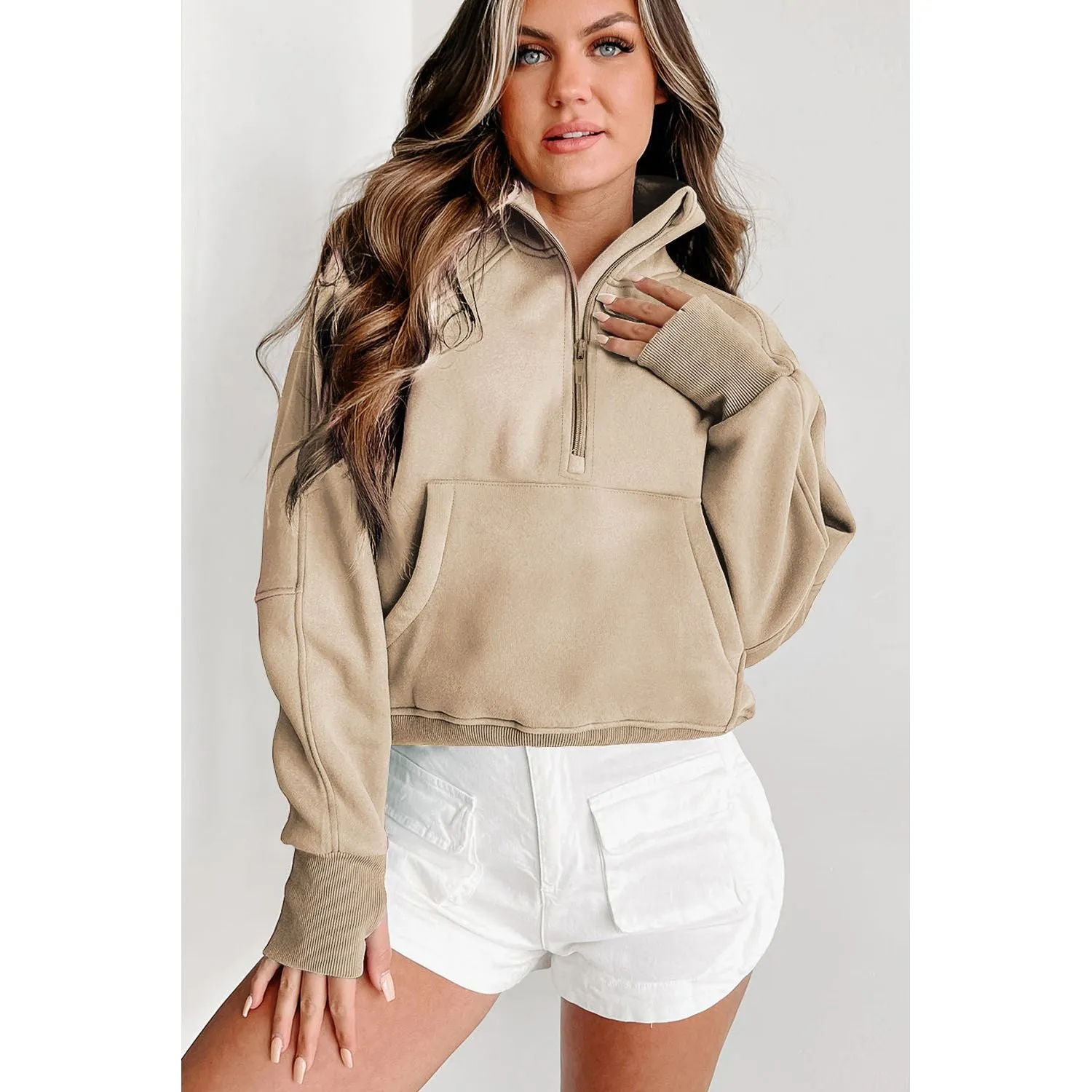 Cozy Season Fleece Lined Zip Up Thumbhole Sleeve Pullover