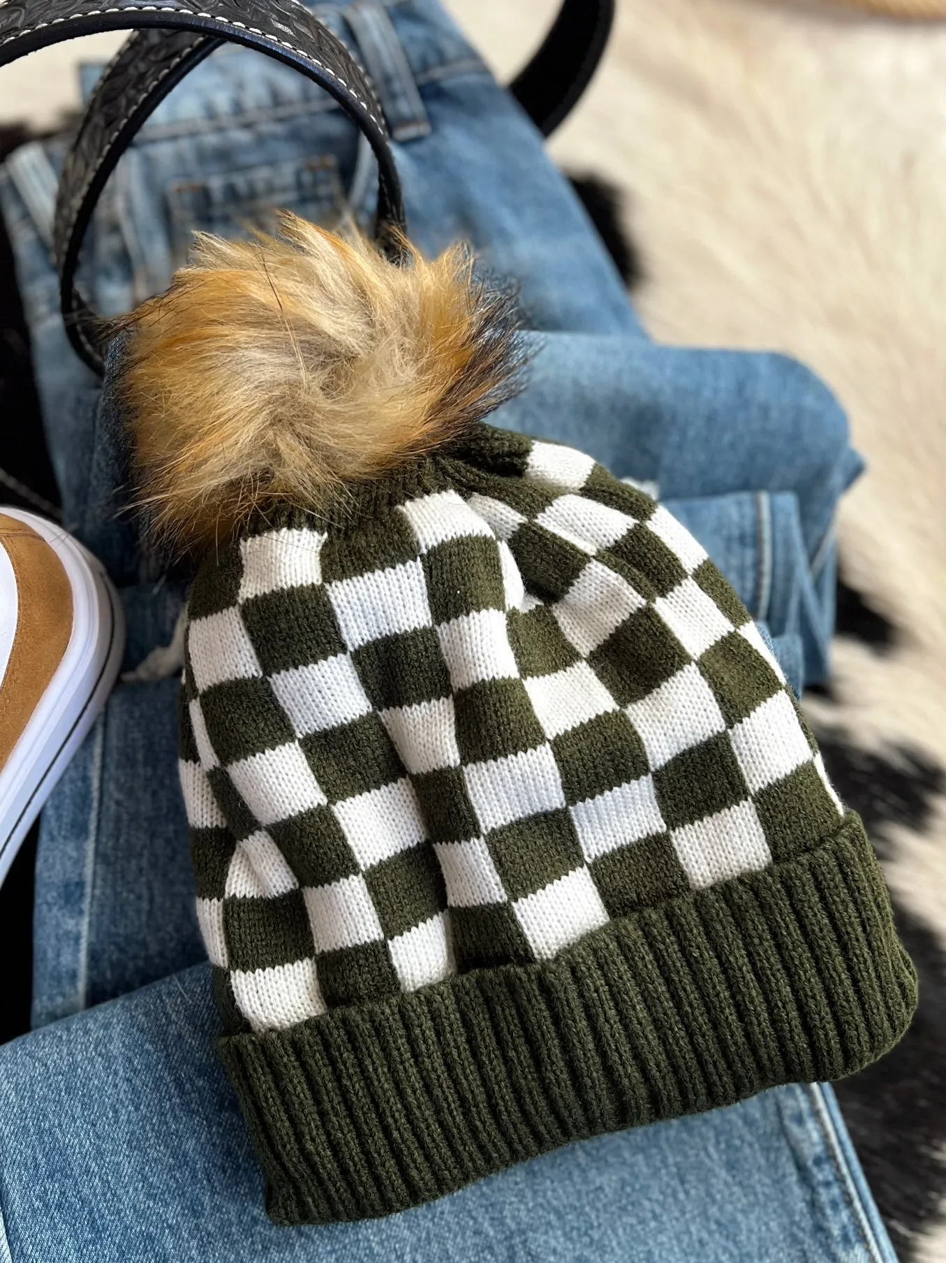 Fleece Lined Green & White Checkered Beanie