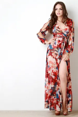 Floral Print Semi-Sheer Mesh Slit Sleeve Wrap Dress