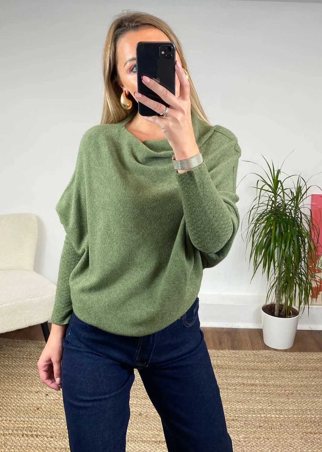 Grace Asymmetric Knit Jumper in Olive Green