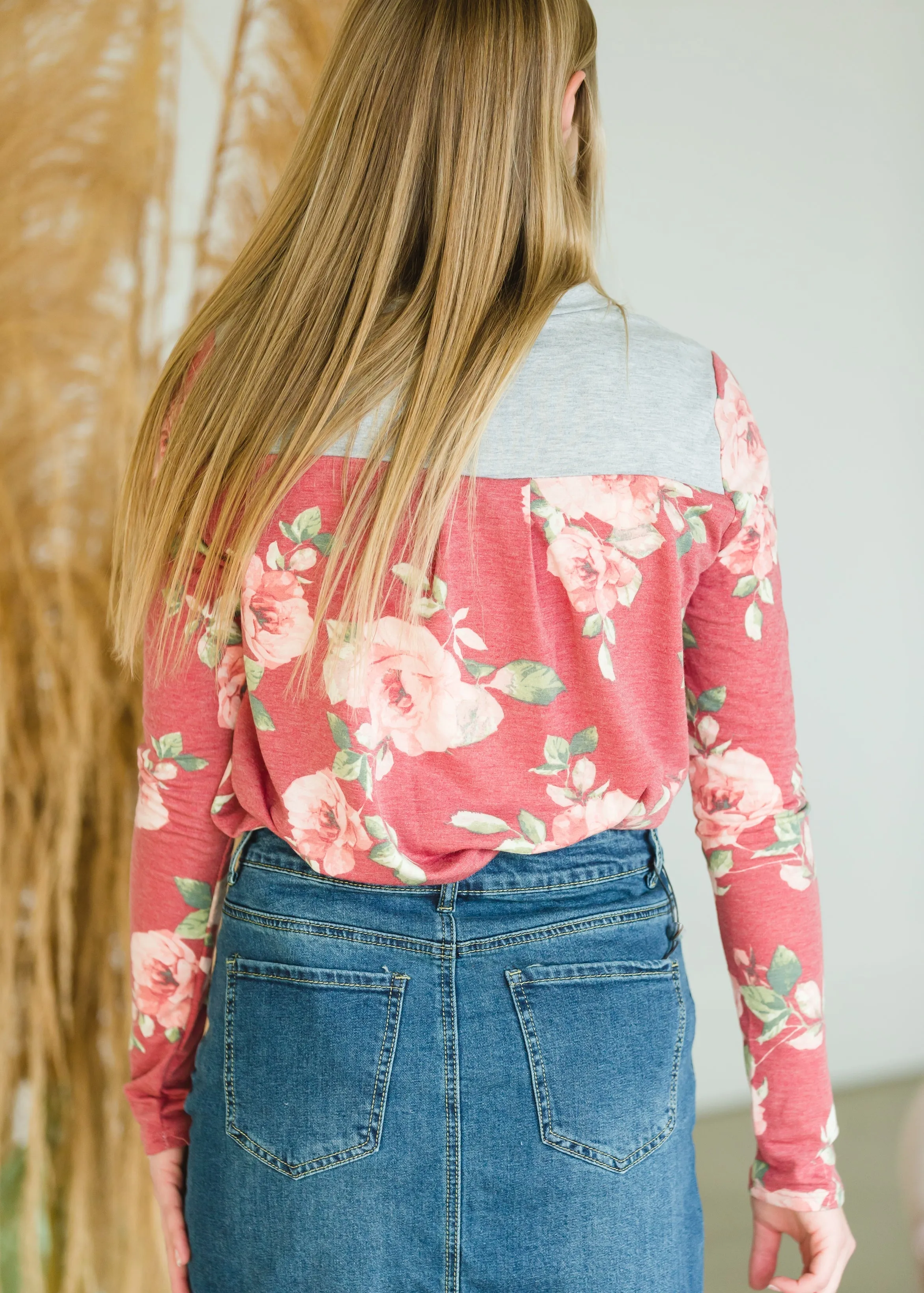 Gray and Floral Contrast Burgundy Top - FINAL SALE