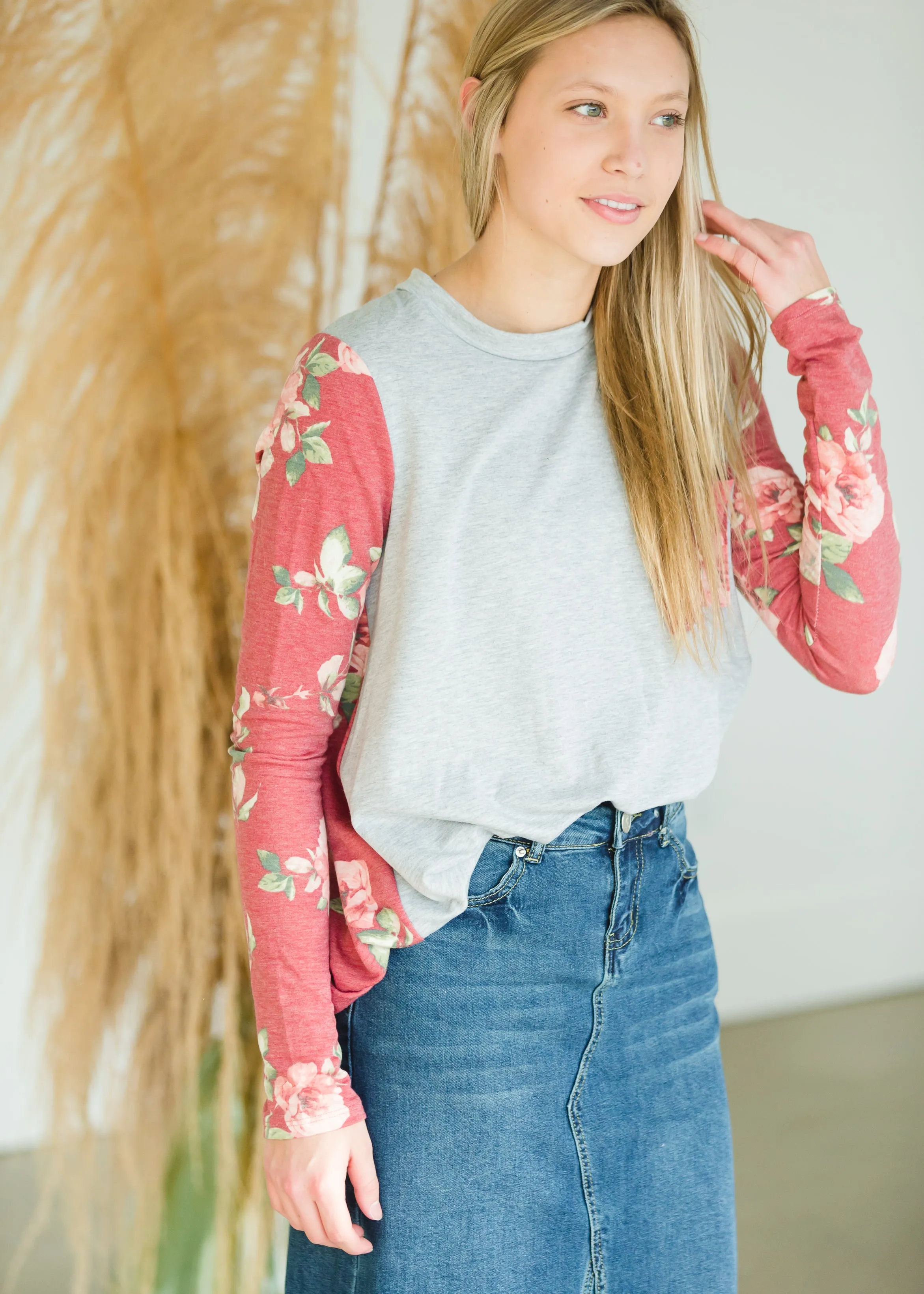 Gray and Floral Contrast Burgundy Top - FINAL SALE