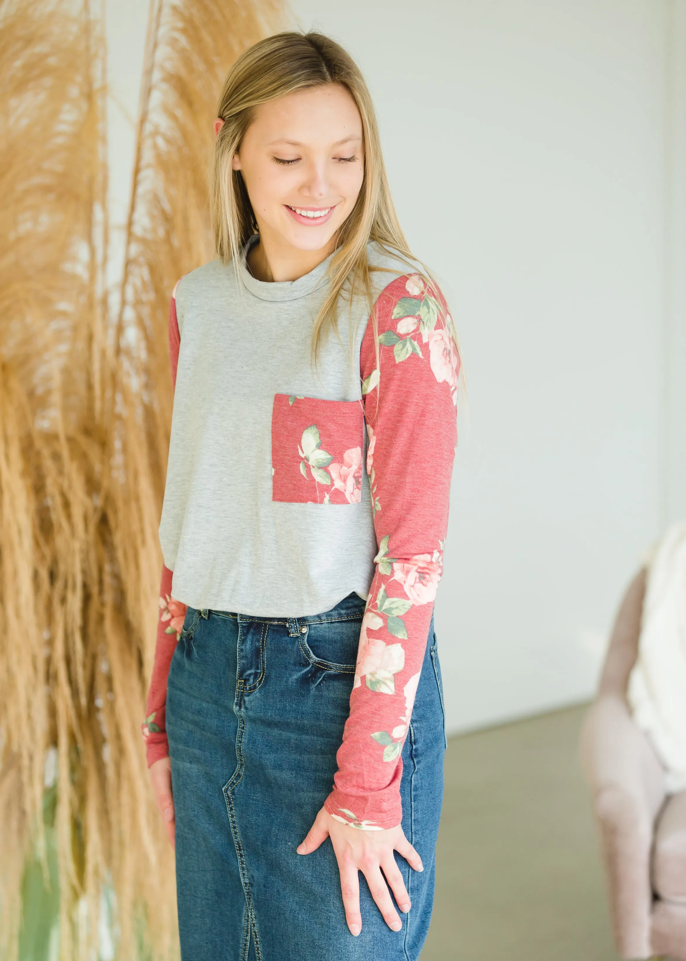 Gray and Floral Contrast Burgundy Top - FINAL SALE