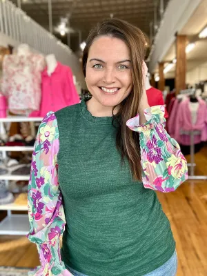 Hunter Green with Floral Sleeve Long Sleeve Top