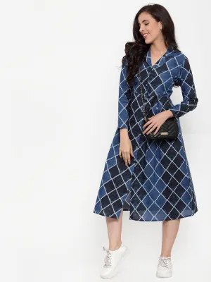 Indibelle Cotton Geometric Print A-Line Dress (Blue)