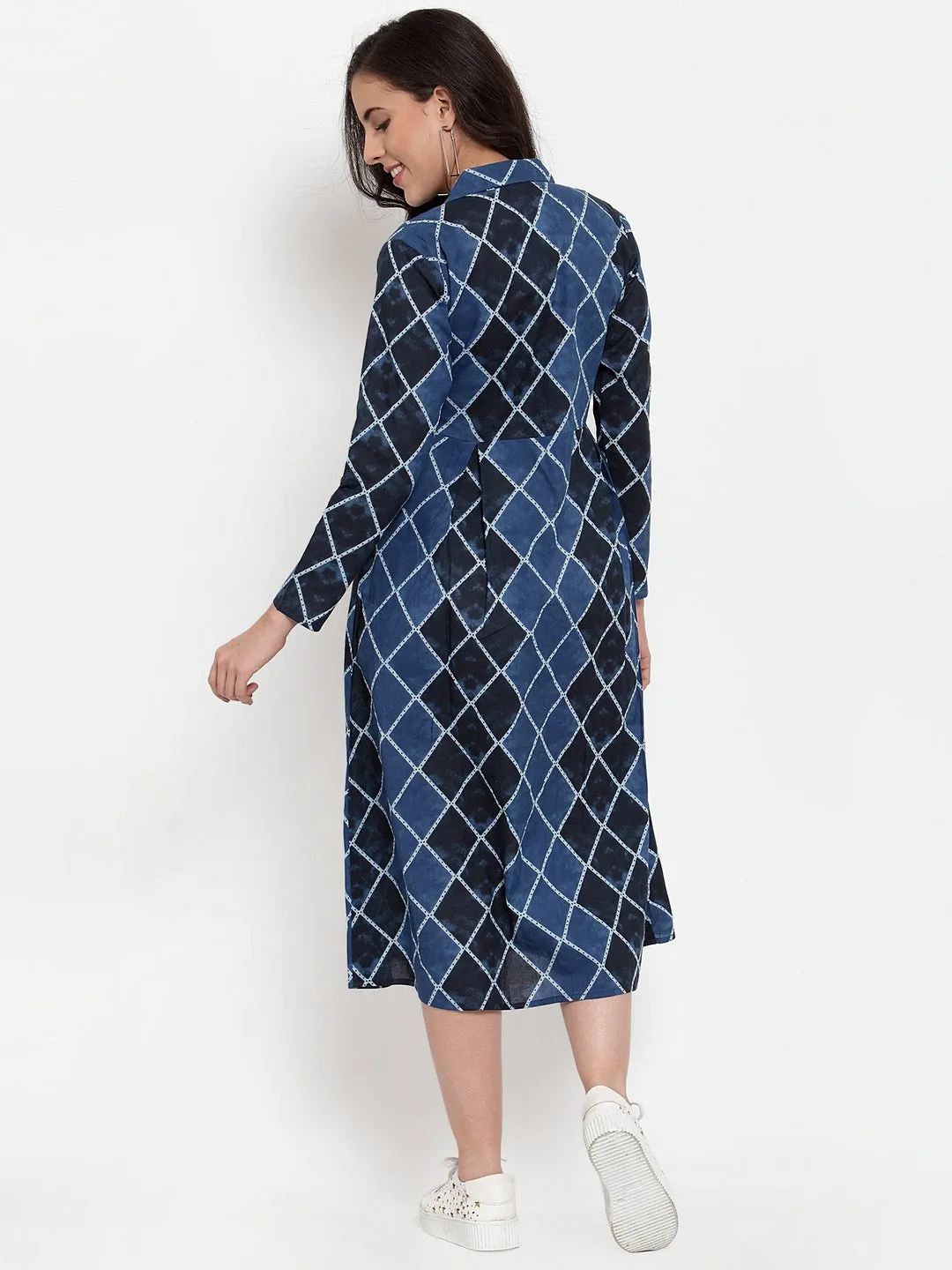 Indibelle Cotton Geometric Print A-Line Dress (Blue)