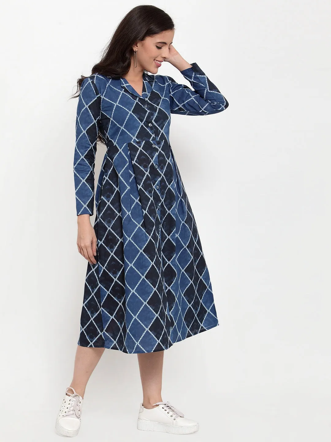 Indibelle Cotton Geometric Print A-Line Dress (Blue)