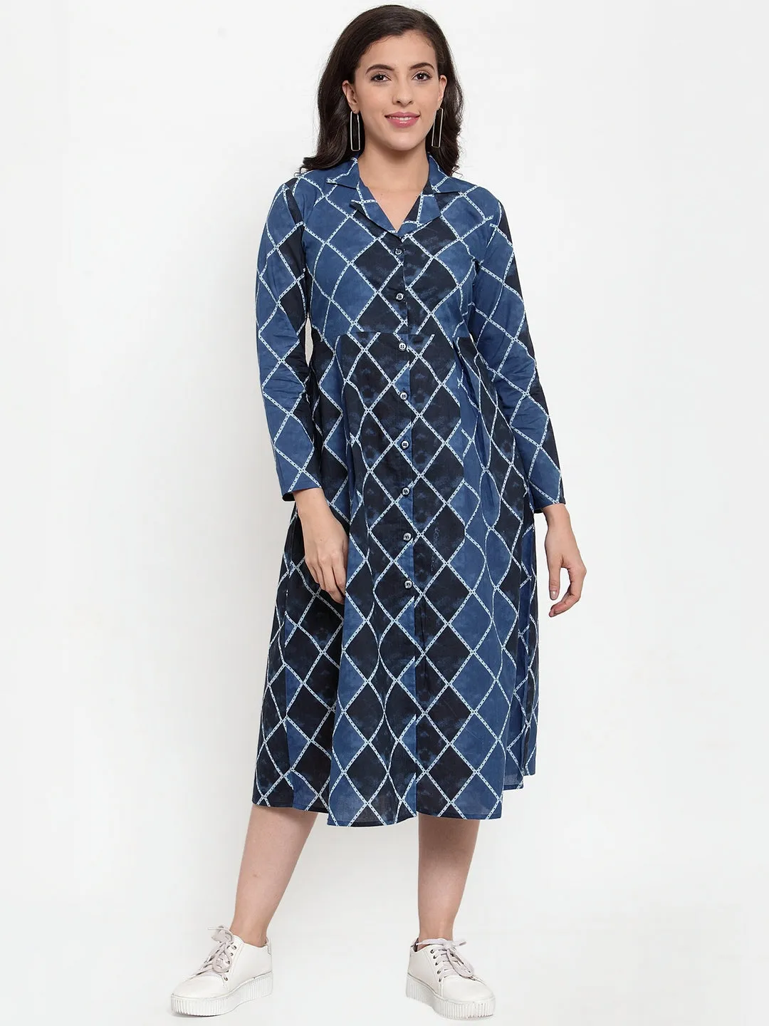 Indibelle Cotton Geometric Print A-Line Dress (Blue)