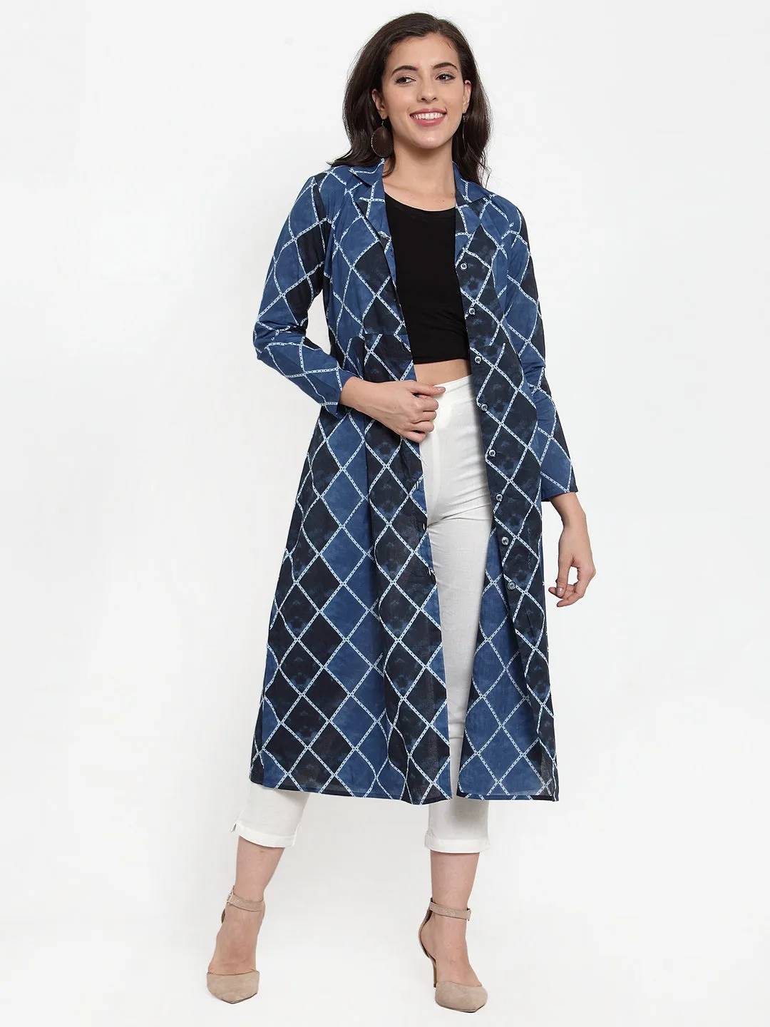 Indibelle Cotton Geometric Print A-Line Dress (Blue)