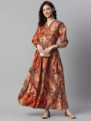 Indibelle Rayon Paisley Print A-Line Dress (Orange)