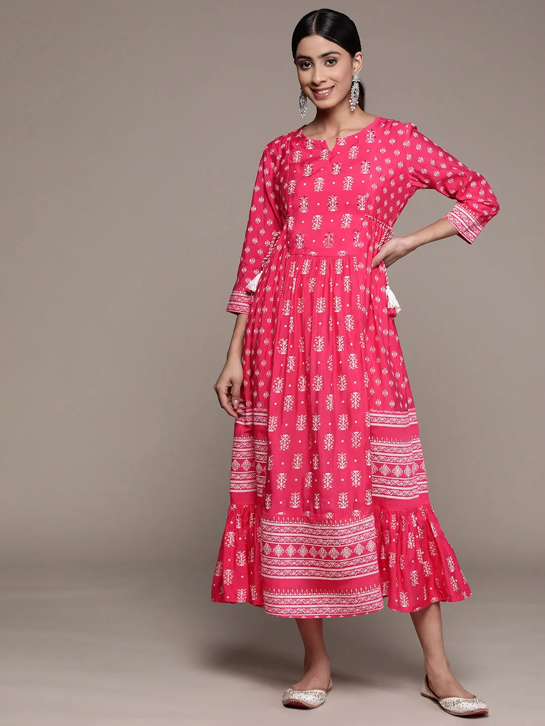 Ishin Women's Silk Blend Pink Embellished Anarkali Dress