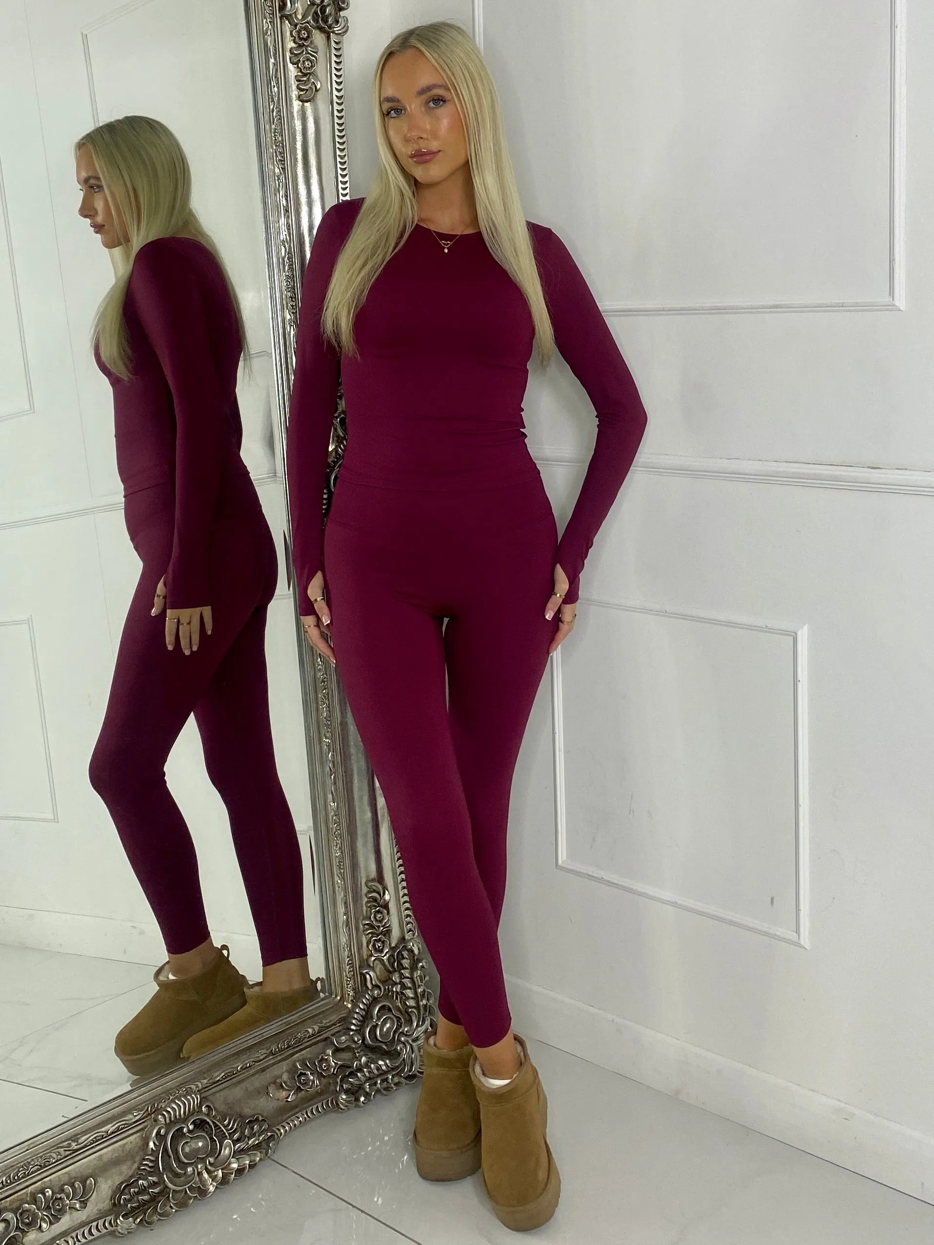 Long Sleeve Gym Top & Sculpt Leggings Set - Wine