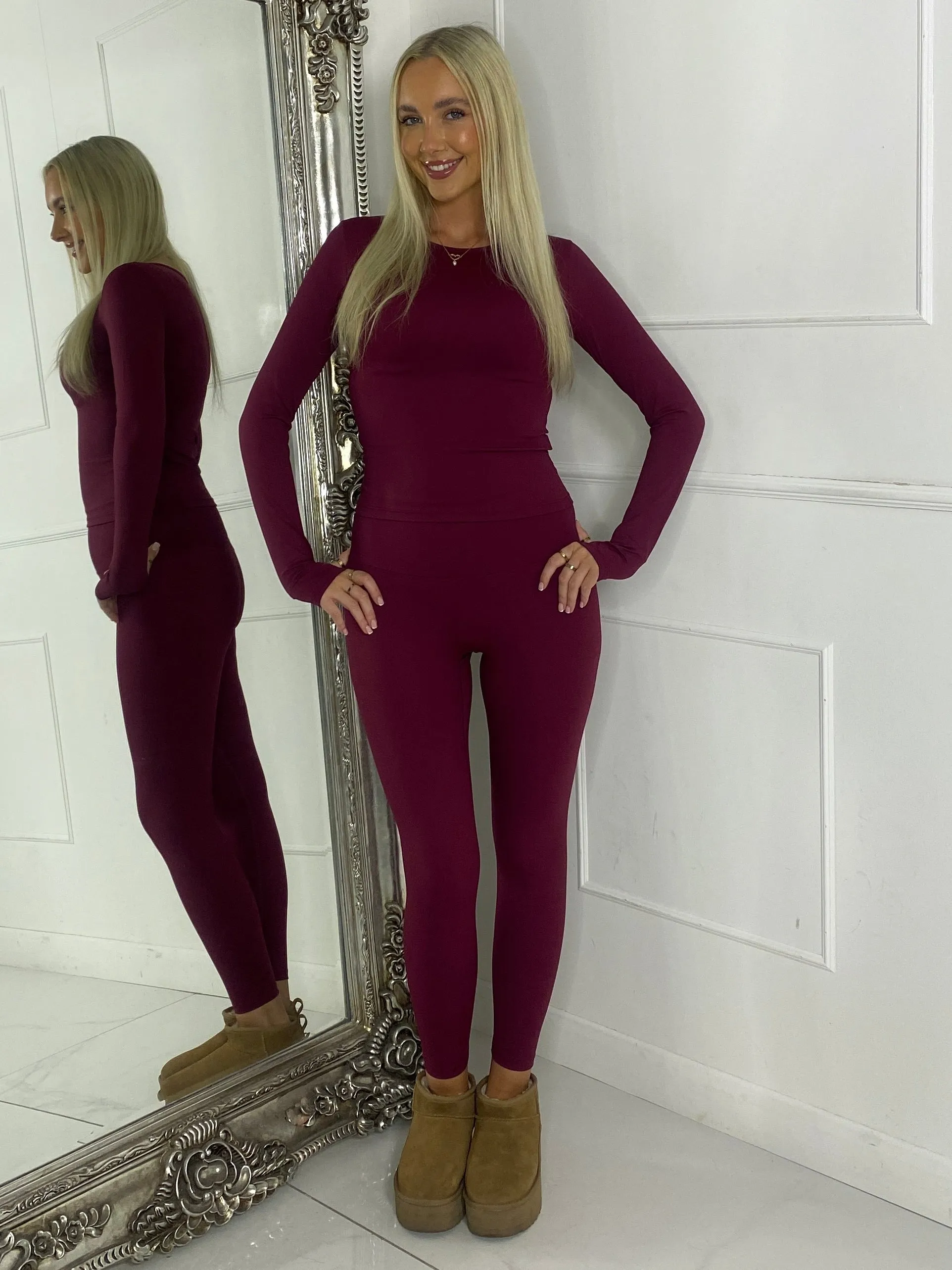 Long Sleeve Gym Top & Sculpt Leggings Set - Wine