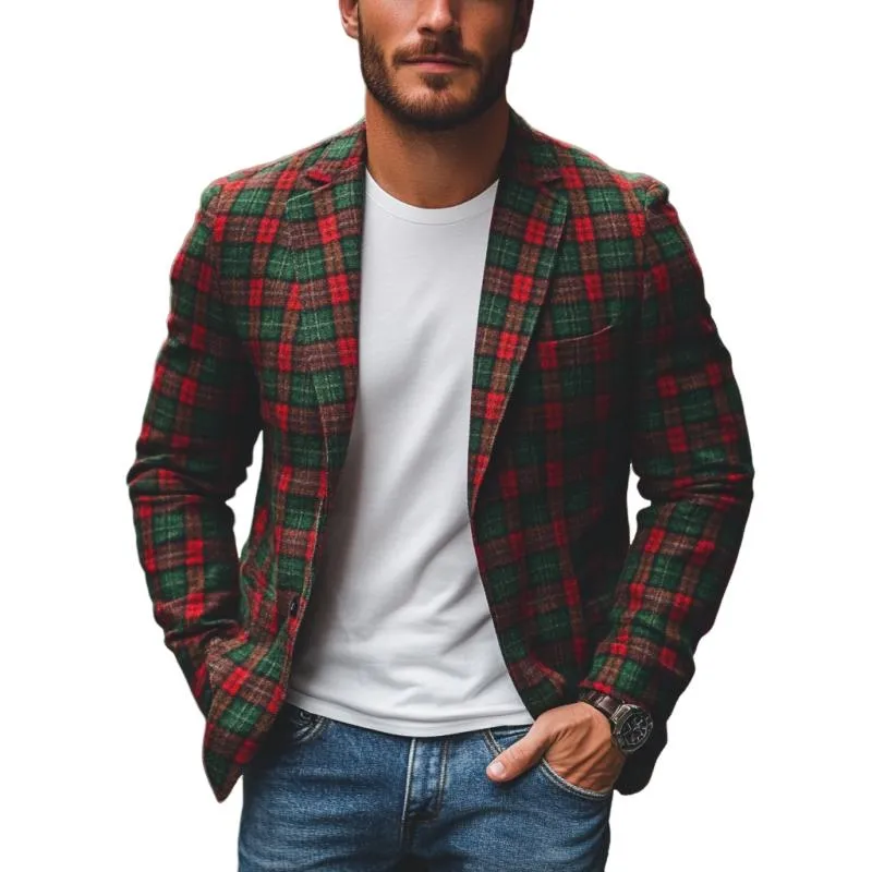 Men's Casual Notch Lapel Contrast Color Christmas Plaid Single-breasted Blazer