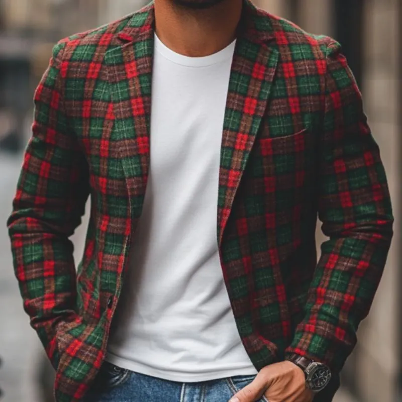 Men's Casual Notch Lapel Contrast Color Christmas Plaid Single-breasted Blazer