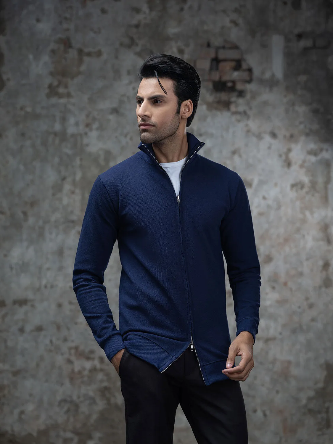 Navy Blue Double Zip High Neck Cardigan