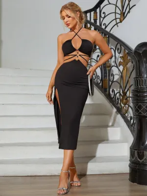 Off Shoulder Cut Trendy Out Mesh Midi Dress