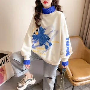 Patchwork Turtleneck Sweatshirt Pullover Oversize Loose Ladies Thin Coats Spring Cartoon Harajuku Fashion Tops