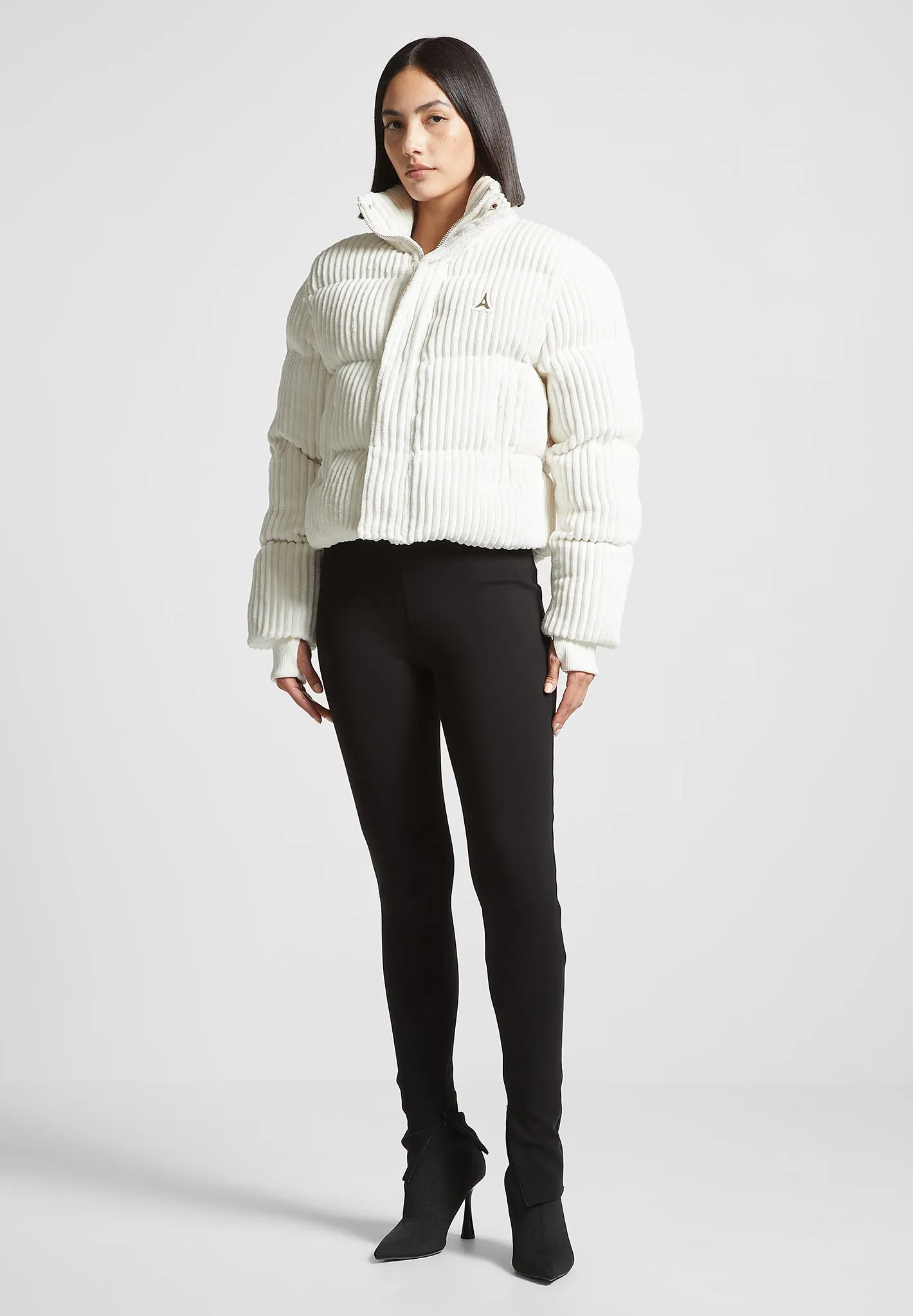 Ribbed Velour Puffer Jacket - Cream