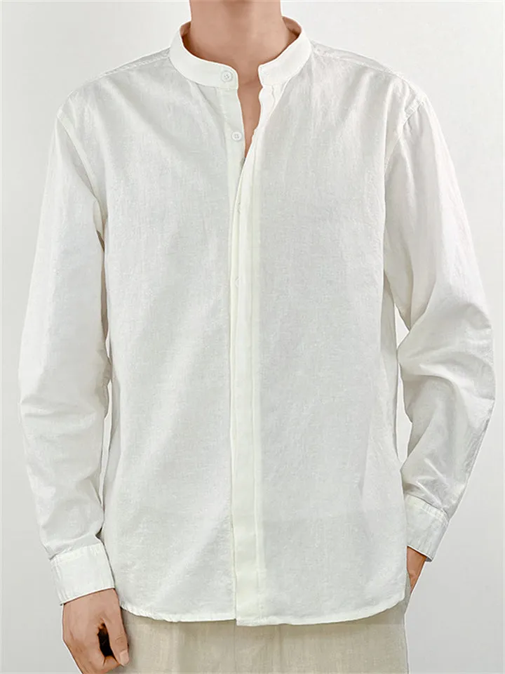 Spring Cozy Stand Collar Long Sleeve Button Up Linen Shirt for Men