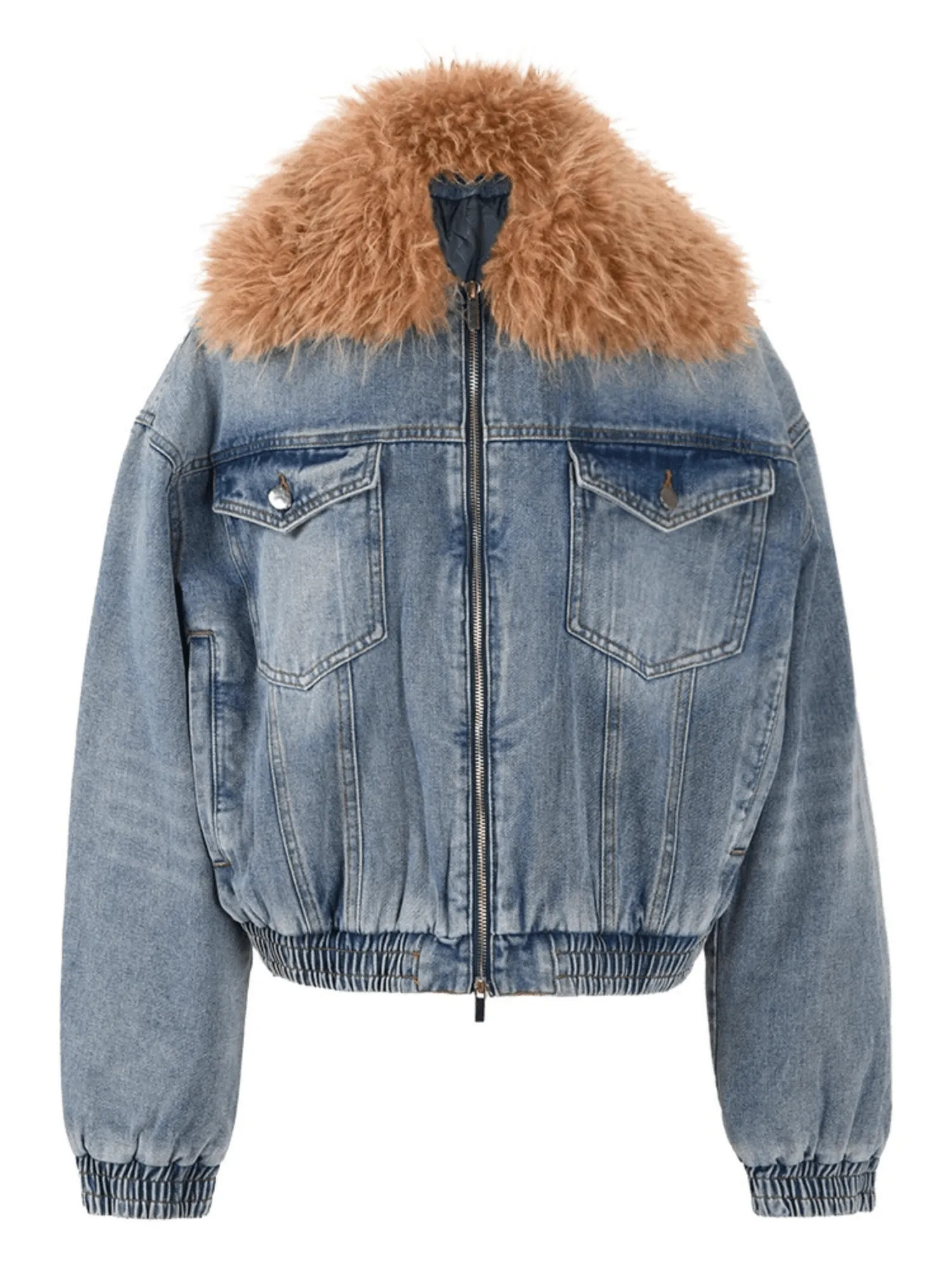 Trendy Fashion Women's Fur Collar Denim Jacket Double Zipper High Waist Long Sleeve Thick Warm Short Coat Winter