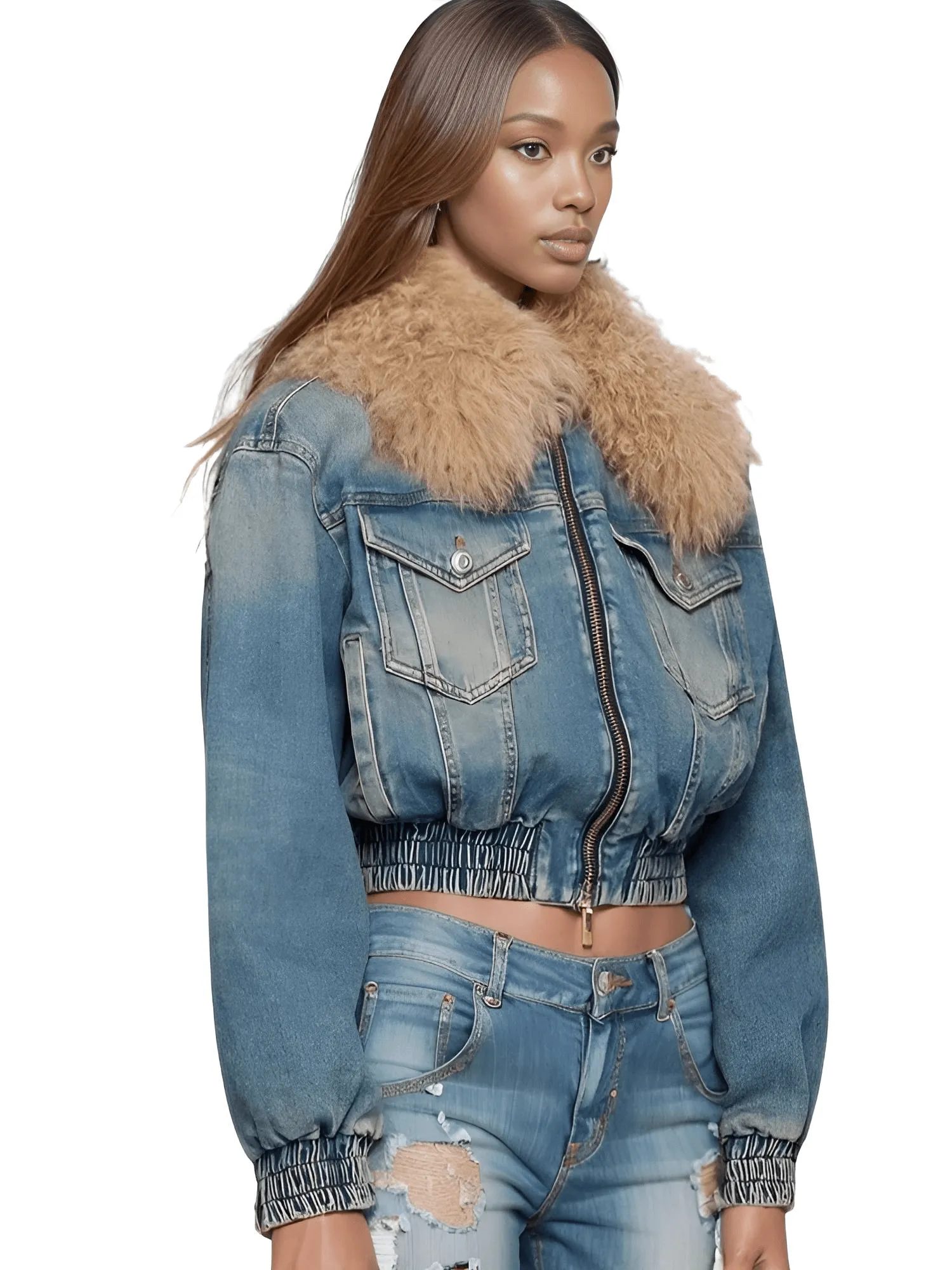 Trendy Fashion Women's Fur Collar Denim Jacket Double Zipper High Waist Long Sleeve Thick Warm Short Coat Winter