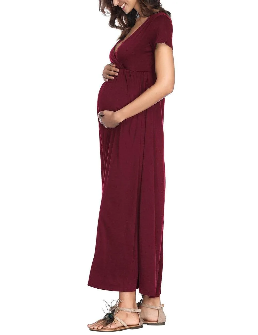 Trendy Solid V Neck Short-sleeve Maternity Maxi Dress