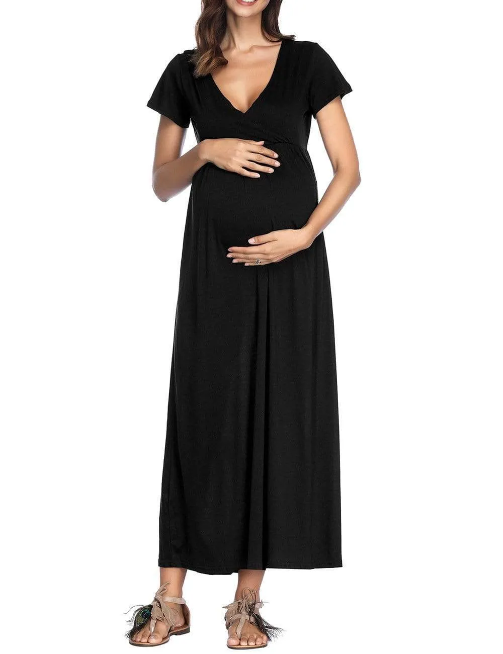 Trendy Solid V Neck Short-sleeve Maternity Maxi Dress