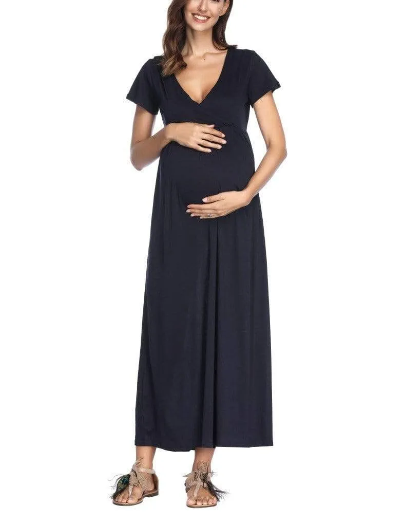 Trendy Solid V Neck Short-sleeve Maternity Maxi Dress