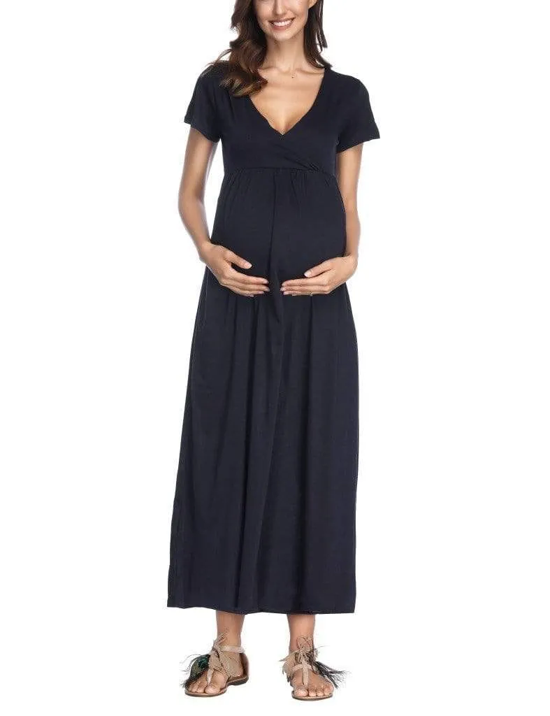 Trendy Solid V Neck Short-sleeve Maternity Maxi Dress