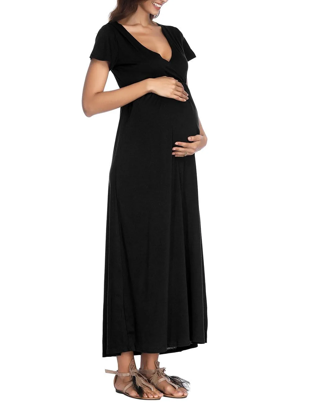 Trendy Solid V Neck Short-sleeve Maternity Maxi Dress