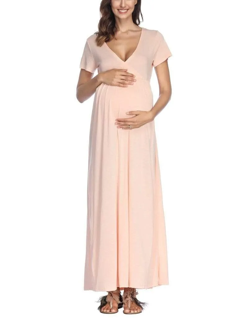 Trendy Solid V Neck Short-sleeve Maternity Maxi Dress