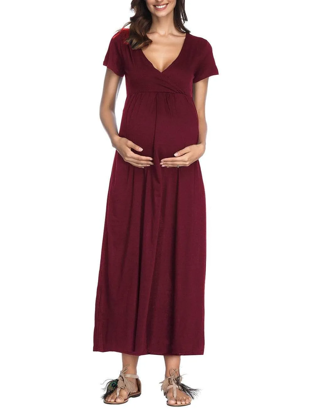 Trendy Solid V Neck Short-sleeve Maternity Maxi Dress