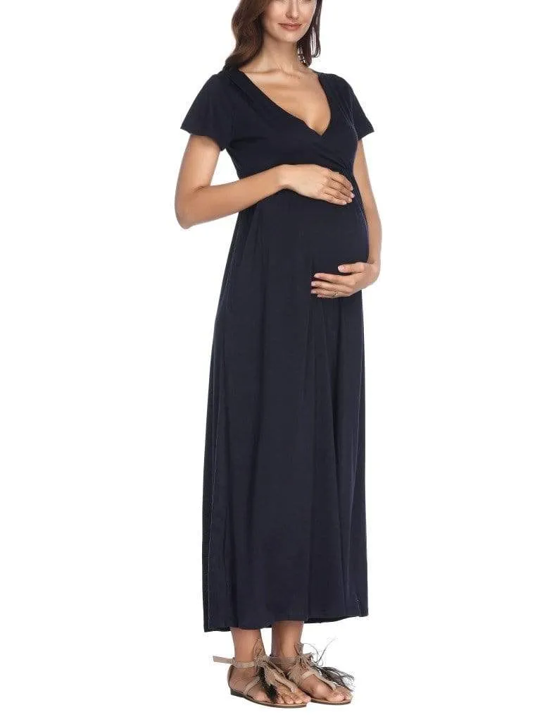 Trendy Solid V Neck Short-sleeve Maternity Maxi Dress