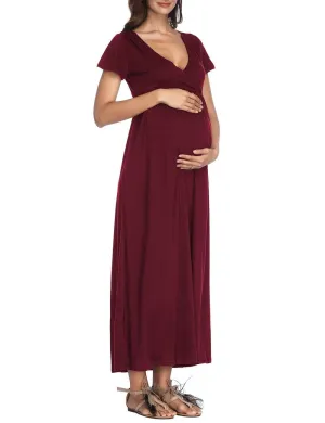 Trendy Solid V Neck Short-sleeve Maternity Maxi Dress