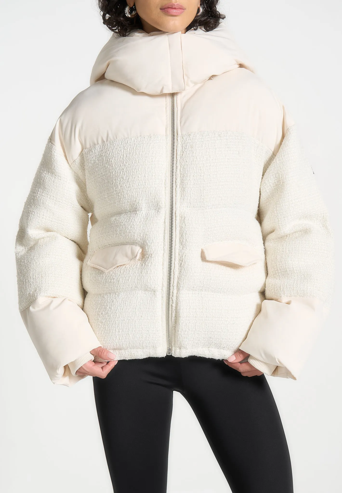 Tweed Puffer Coat - Off White