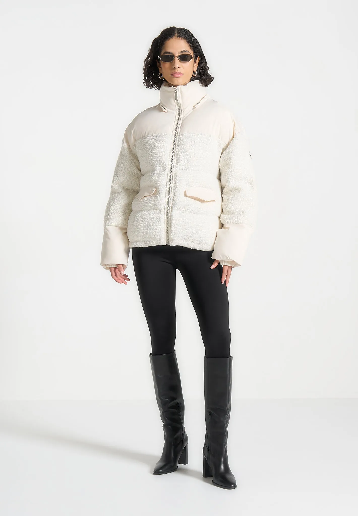 Tweed Puffer Coat - Off White