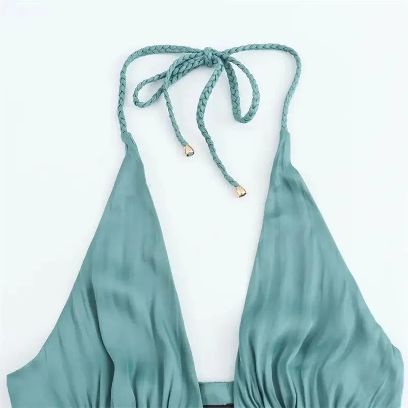 Vivid Teal Versatile Braided Strap Back Hollow Out Midi Dress