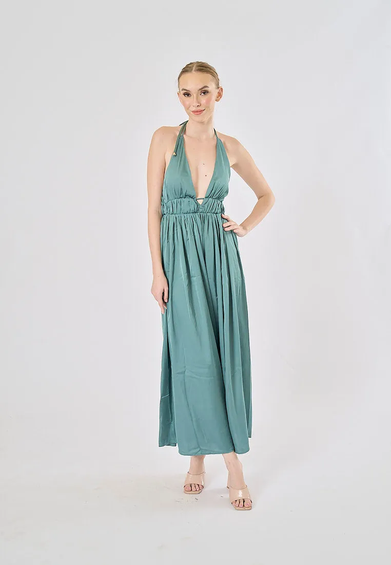 Vivid Teal Versatile Braided Strap Back Hollow Out Midi Dress