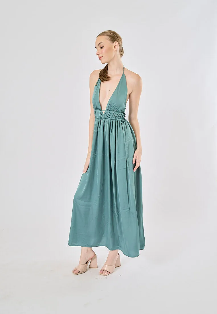 Vivid Teal Versatile Braided Strap Back Hollow Out Midi Dress