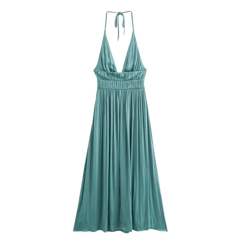 Vivid Teal Versatile Braided Strap Back Hollow Out Midi Dress