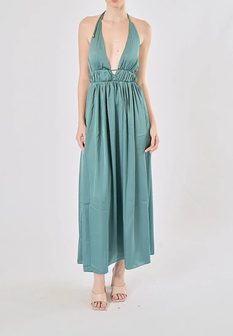 Vivid Teal Versatile Braided Strap Back Hollow Out Midi Dress